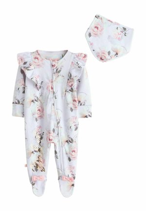 Kwiatowy niemowlęcy body z falbankami na ramionach, zapięciem na suwak z przodu, nogawkami zakończonymi stopkami z różowymi kokardkami, w komplecie z pasującym kwiatowym śliniaczkiem typu bandana.