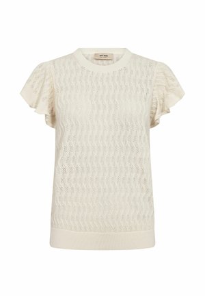 Kurzärmliges Oberteil aus cremefarbenem Strick mit flatternden Ärmeln und einem zarten Lochmuster, ausgestattet mit einem Rundhalsausschnitt und einem gerippten Saum.