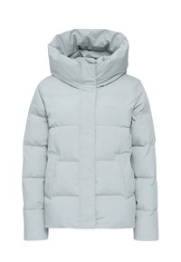 Veste d'hiver matelassée gris clair avec un col montant, des manches longues et des poches avant, conçue pour la chaleur et le confort.