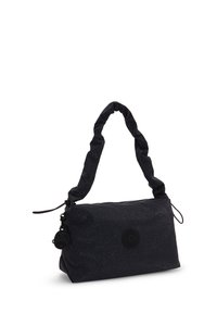 Sac à main en tissu noir avec une bandoulière torsadée. Équipé d'une fermeture éclair ronde et d'un patch logo rond à l'avant. Surface texturée.