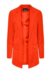 Ženská sako v jasně oranžové barvě s klopami, dlouhými rukávy, dvěma předními klopovými kapsami a hladkým saténovým podšívkou.