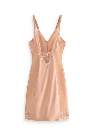 Nahá saténová noční košile s krajkovým lemem na výstřihu a spodním lemu. Nabízí nastavitelné ramínka a hladkou texturu. Vysoký tvar zad.