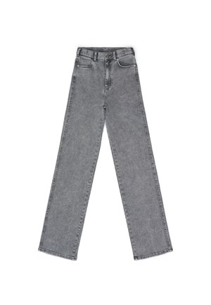 Jeans in denim grigio con vita alta, gambe larghe e design a cinque tasche. Il tessuto ha una consistenza liscia e cuciture minimaliste.