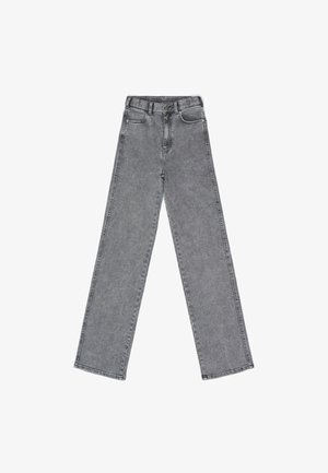 Jeans in denim grigio con vita alta, gambe larghe e design a cinque tasche. Il tessuto ha una consistenza liscia e cuciture minimaliste.
