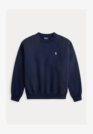 Granatowa bluza wykonana z bawełnianej mieszanki, z okrągłym dekoltem, ściągaczami na mankietach i małym białym logo na lewej piersi.