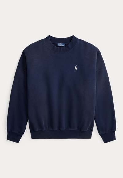 Μπλε σκούρο φούτερ από βαμβακερό μείγμα, με στρογγυλή λαιμόκοψη, ριμπ μανσέτες και μικρό λευκό λογότυπο στο αριστερό στήθος.