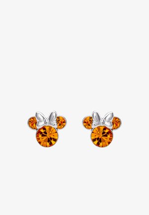 Boucles d'oreilles en cristal orange avec des accents en métal argenté, présentant un design en forme de nœud et des formes de cristal rondes de tailles variées.