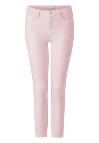 Jeans skinny rosa claro fabricados en denim, con una cintura de altura media, bolsillos frontales y un cierre de botón metálico único. Textura suave.