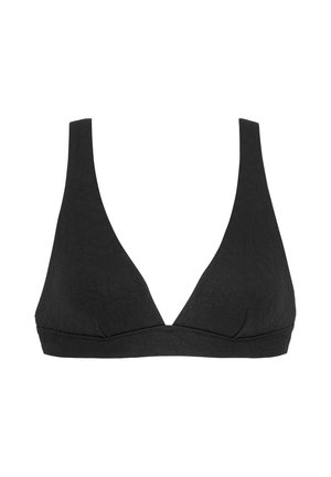 Black triangle bikini top with wide straps and subtle textured floral pattern on fabric.