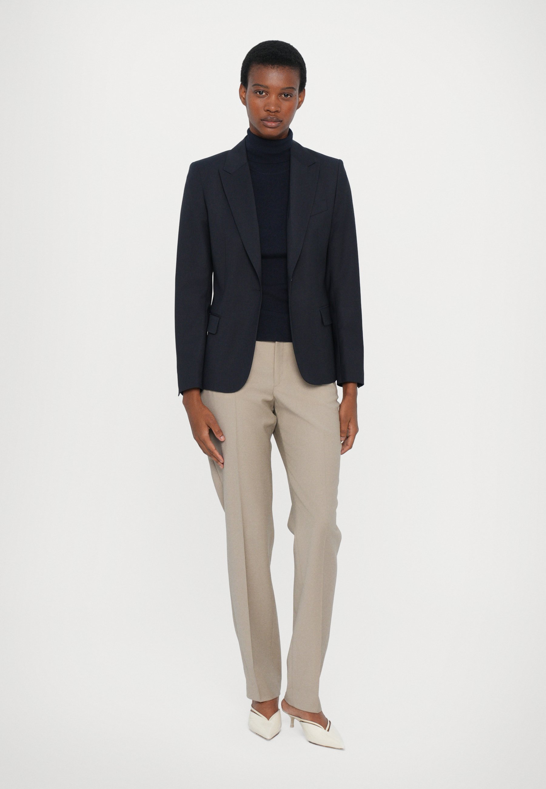 navy blazer grey pants black shoes