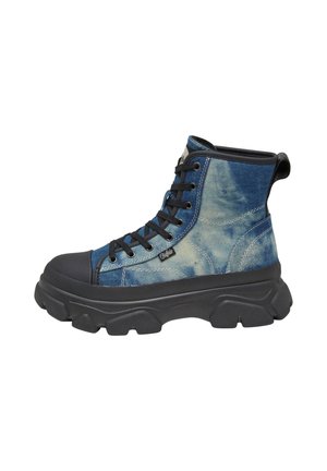 Blue denim ankle boots with black rubber soles, round toe, and lace-up design featuring eyelets and a padded ankle for support.