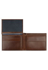 Portefeuille en cuir marron avec plusieurs emplacements pour cartes, une poche à monnaie, et un subtil revêtement texturé bleu avec un motif en diamants.