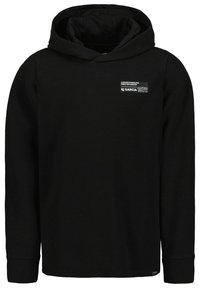 Felpa nera con cappuccio e maniche lunghe, realizzata in tessuto testurizzato. Presenta una piccola etichetta con logo sulla parte superiore del petto. Design classico.