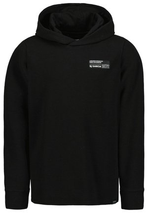 Schwarzer Kapuzenpullover mit langen Ärmeln, aus strukturiertem Stoff. Verfügt über ein kleines Logo-Patch auf der oberen Brust. Klassisches Design.