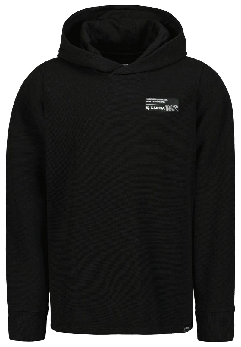 Felpa nera con cappuccio e maniche lunghe, realizzata in tessuto testurizzato. Presenta una piccola etichetta con logo sulla parte superiore del petto. Design classico.