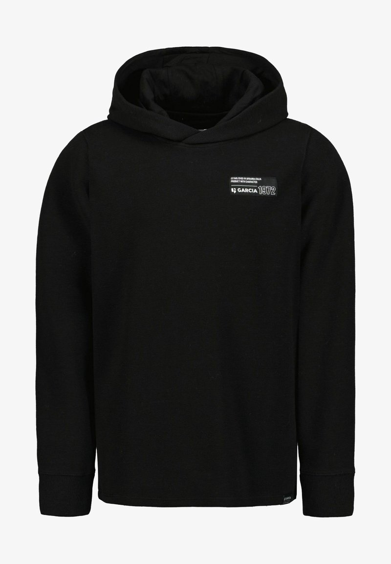 Felpa nera con cappuccio e maniche lunghe, realizzata in tessuto testurizzato. Presenta una piccola etichetta con logo sulla parte superiore del petto. Design classico.