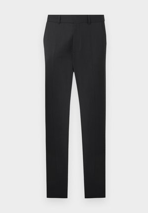 Pantalon noir formel coupe slim avec passants de ceinture, fermeture éclair frontale et design à plat sur un fond clair uni.