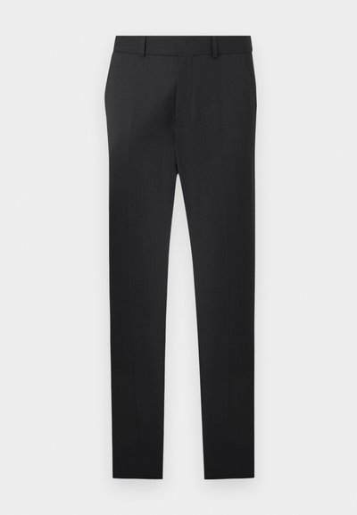 Pantalon noir formel coupe slim avec passants de ceinture, fermeture éclair frontale et design à plat sur un fond clair uni.