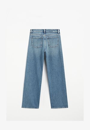Light blue denim jeans with a wide-leg cut, featuring two back pockets and a frayed hem. Made of textured cotton fabric.