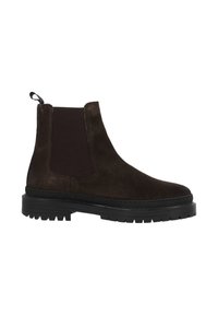 Botte Chelsea en daim marron avec panneaux latéraux élastiques, semelle en caoutchouc et languette pour tirer. Surface texturée, bout arrondi et motif de semelle robuste.