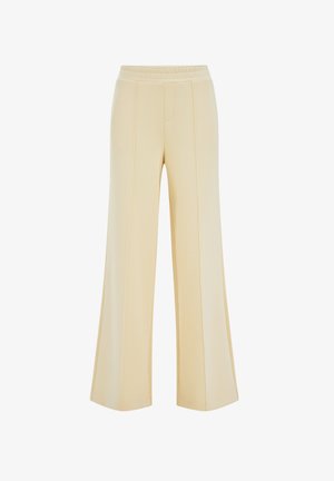 Pantaloni cu croială largă, de culoare crem, cu talie elastică și detalii verticale cusute, concepuți pentru un croi lejer.