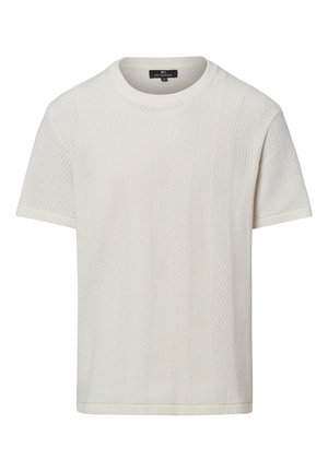 White short-sleeve knit sweater with textured vertical patterns and a round neckline.