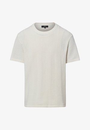 Weißer Strickpullover mit kurzen Ärmeln, strukturierten vertikalen Mustern und rundem Ausschnitt.
