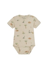 Ljusbeige kortärmad babykroppsdräkt med ett tryck av dinosaurier och palmer i grönt, brunt och orange. Tryckknappsstängning vid botten.