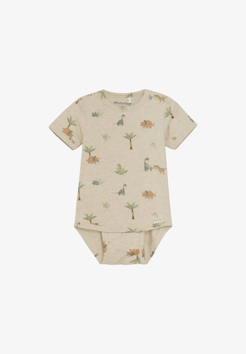 Ljusbeige kortärmad babykroppsdräkt med ett tryck av dinosaurier och palmer i grönt, brunt och orange. Tryckknappsstängning vid botten.