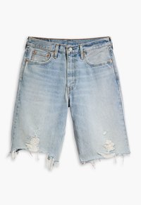 Ljust blå denimshorts med avslappnad passform, med slitt detaljer, fransade kanter och klassisk femfickdesign.