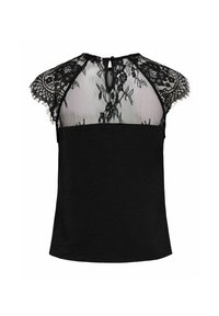 Haut noir sans manches en tissu texturé, dos supérieur en dentelle transparente et manches courtes, avec des motifs floraux et une petite fermeture à bouton au niveau du cou.