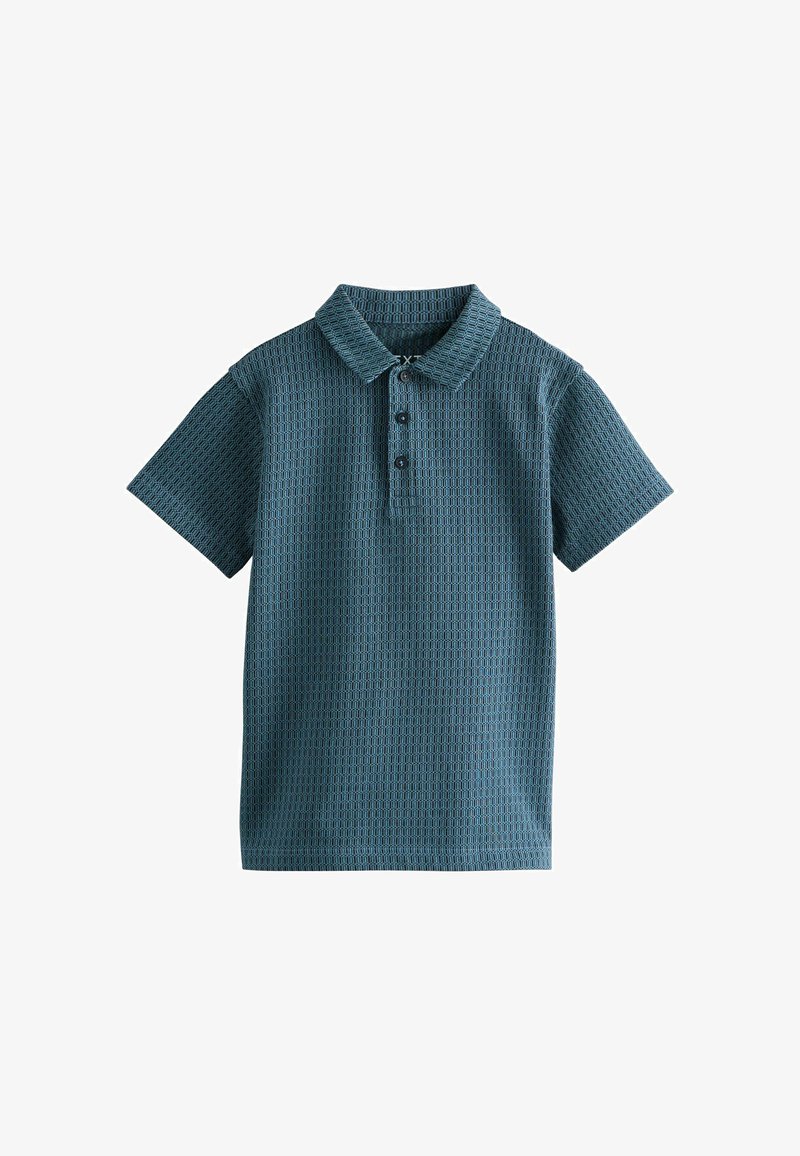 Kurzärmeliges blaues Poloshirt mit dezentem geometrischem Muster und drei Knöpfen an der Knopfleiste.