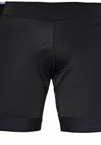 Schwarze Sportshorts aus einem strukturierten, netzartigen Material, mit einem nahtlosen Bund und glatten, kontrastfarbigen Beinöffnungen.