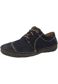Scarpa in pelle blu navy con punta arrotondata, cuciture chiare in contrasto e design con lacci. Presenta una suola imbottita per il comfort.