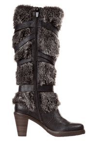 Czarny kozaki za kolano z ekologicznej skóry z szarymi wstawkami z futerka, bocznym zamkiem błyskawicznym i słupkowym obcasem. Paseczki krzyżują się na cholewce, dodając szczegółów.