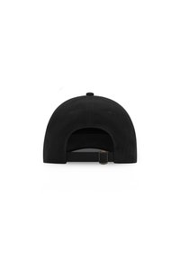 Black cap featuring a curved brim and an adjustable strap with a metal buckle at the back. Soft fabric with a smooth texture.