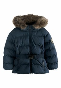 Jūras spēku pūkains mājas jaka ar kažokādas odere kapuci, ar rāvējslēdzēju pie priekšpuses, jostu vidukļa daļā un elastīgām aprocēm. Iezīmējas ar kvadrātveida rakstu un sānu kabatām.