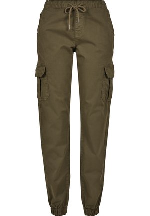 Cargo pants in olive green fabric, featuring an elastic waistband with drawstring, two side pockets, and elastic cuffs.