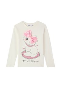Camicia bianca a maniche lunghe con una stampa di un gatto cartoon con un papillon rosa e una collana, decorata con accenti rosa e cuori.