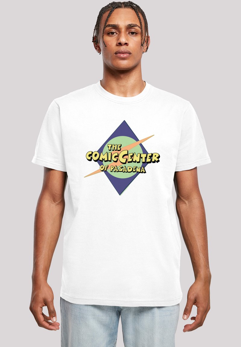 Weißes Baumwoll-T-Shirt mit einem grafischen Design in Form eines Diamanten in Lila und Grün, mit dem Text "DAS COMIC-ZENTRUM VON PASADENA."