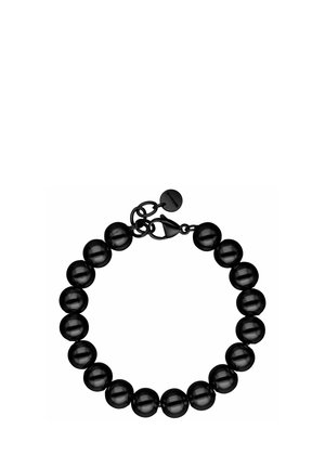 Black beaded bracelet with round beads, lobster clasp, and a small round tag attached near the clasp, arranged in a circular shape.