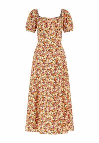 Vestido midi floral con escote cuadrado, mangas cortas abullonadas y un corsé ajustado. Los colores incluyen naranja, rosa y blanco sobre un fondo claro.