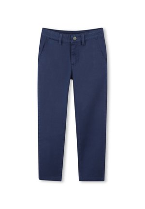 Pantalons en coton bleu marine avec une coupe droite, dotés de deux poches avant, d'une fermeture à bouton et d'ourlets soigneusement finis.
