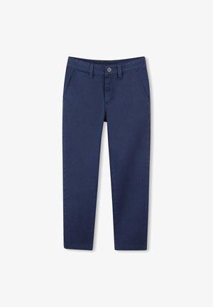 Pantalons en coton bleu marine avec une coupe droite, dotés de deux poches avant, d'une fermeture à bouton et d'ourlets soigneusement finis.