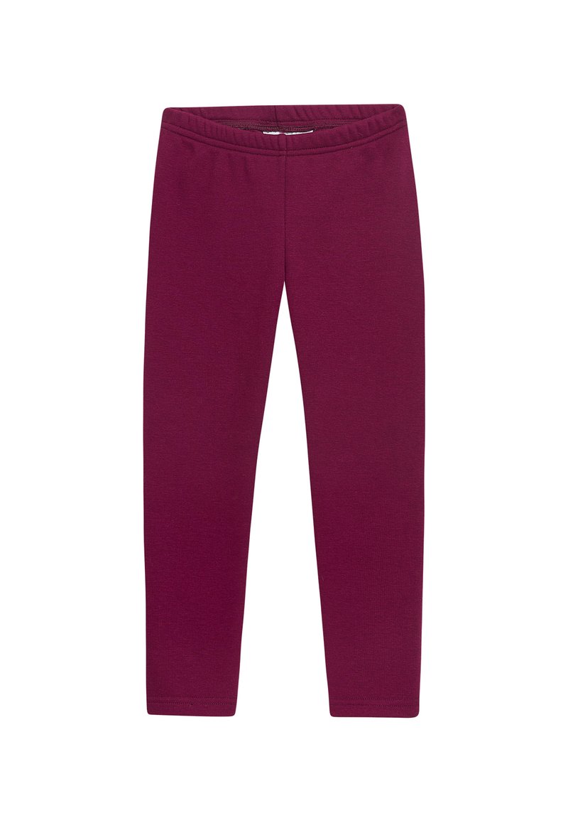 Burgunderfarbene Leggings aus einem weichen, dehnbaren Stoff mit einem elastischen Bund, der eine glatte Textur und eine eng anliegende Silhouette bietet.