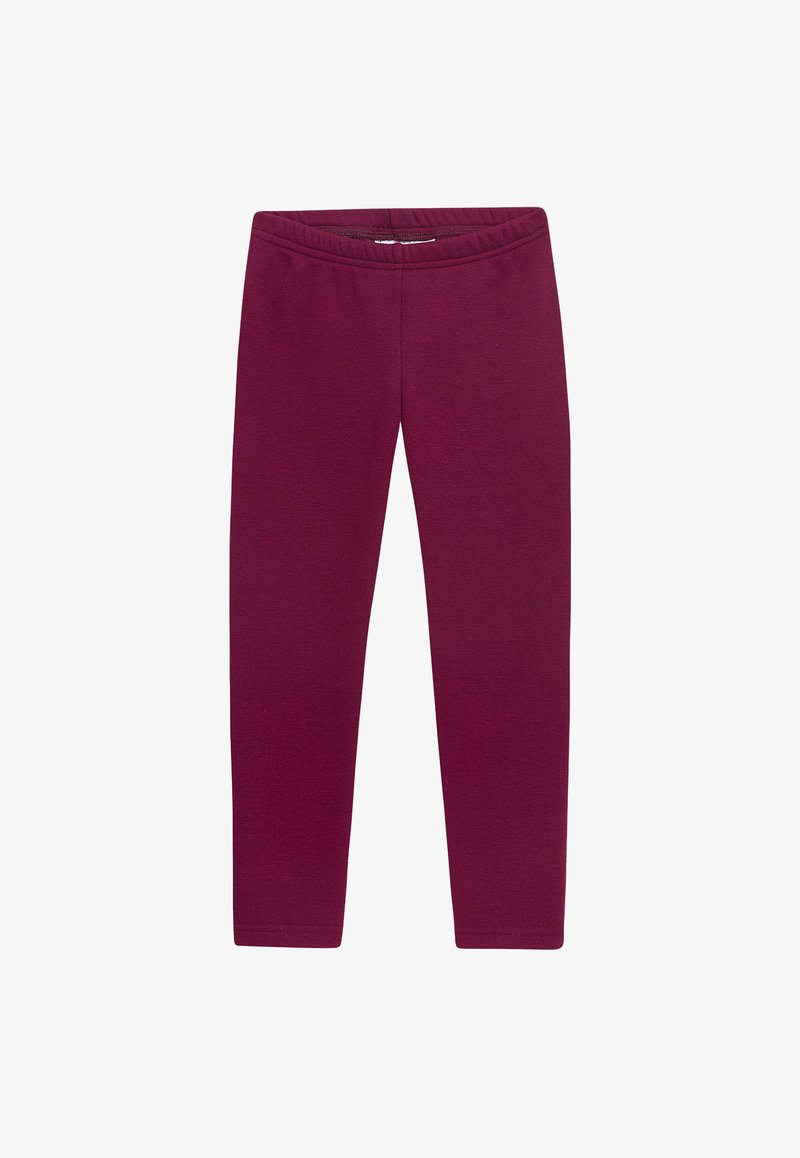 Burgunderfarbene Leggings aus einem weichen, dehnbaren Stoff mit einem elastischen Bund, der eine glatte Textur und eine eng anliegende Silhouette bietet.