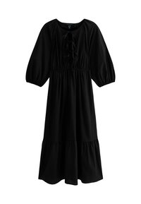 Black dress made of soft fabric, featuring a round neckline, puffed sleeves, drawstring detailing, and a tiered skirt design.