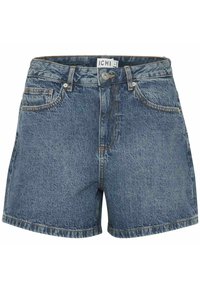 Shorts en denim bleu moyen avec une coupe classique, dotés de cinq poches, d'une fermeture à bouton et de coutures visibles le long des ourlets.