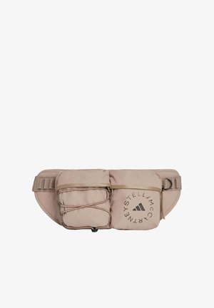 Riñonera beige con dos compartimentos y detalle elástico tipo bungee. Incluye un logotipo impreso y una correa ajustable para un ajuste seguro.