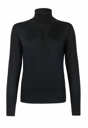 Schwarzer Rollkragenpullover mit Wickeldesign und einer Vorderseite mit Schlüsselhole-Ausschnitt, gerippten Bündchen und Saum, gefertigt aus einem weichen, strukturierten Material.